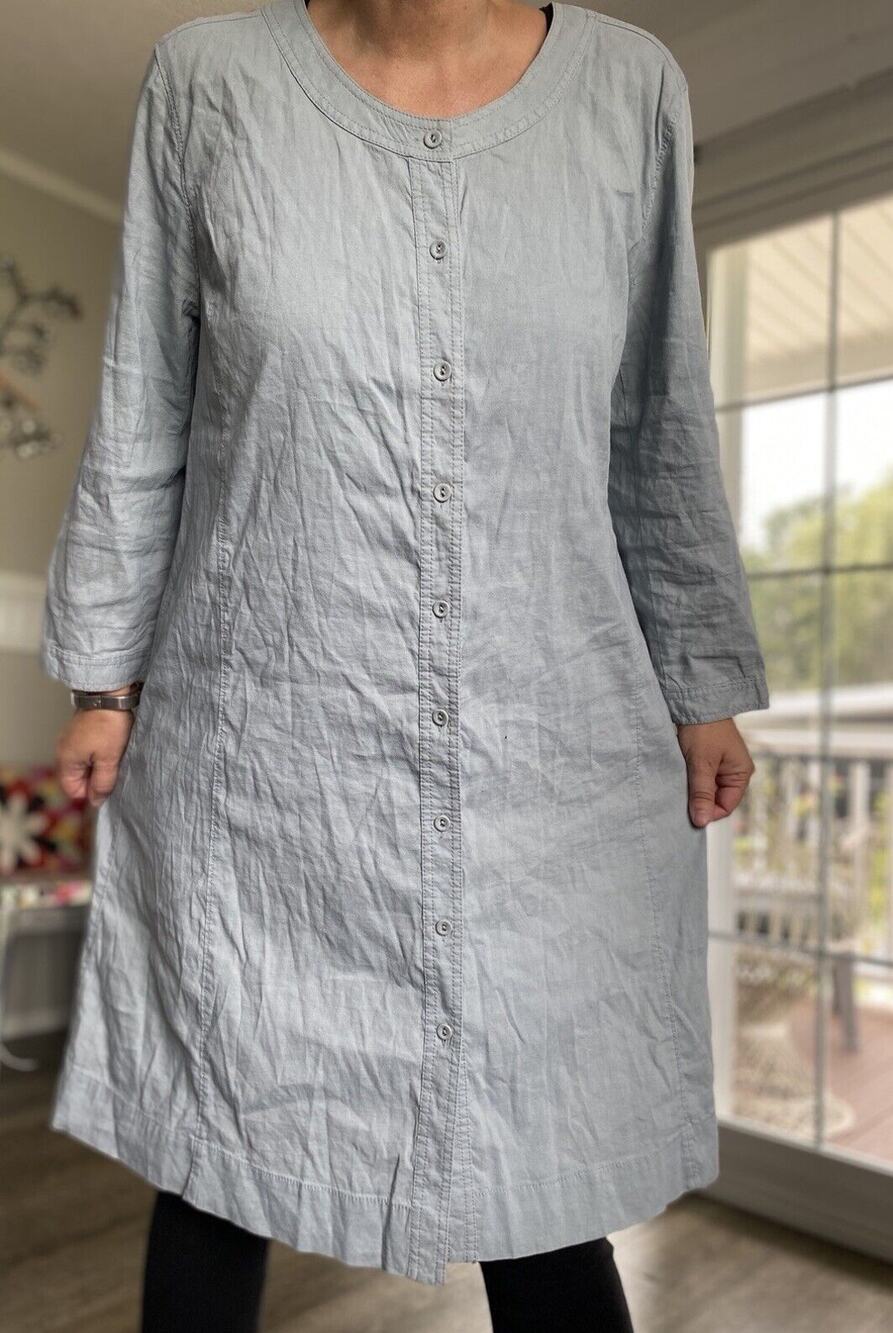 EILEEN FISHER Linen Viscose Long Sleeve Cardigan Long Shirt Blue Gray XL